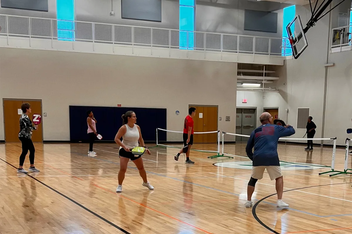 An overview of a pickleball court at Springfield YMCA, showcasing the facility’s outdoor sports offerings.